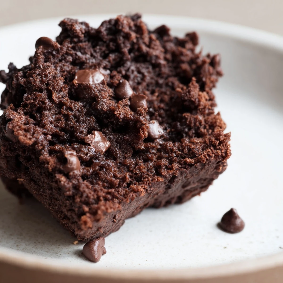 A close-up of a soft Chocolate Muffin Top with a gooey center, displayed on a white plate with a glass of milk.