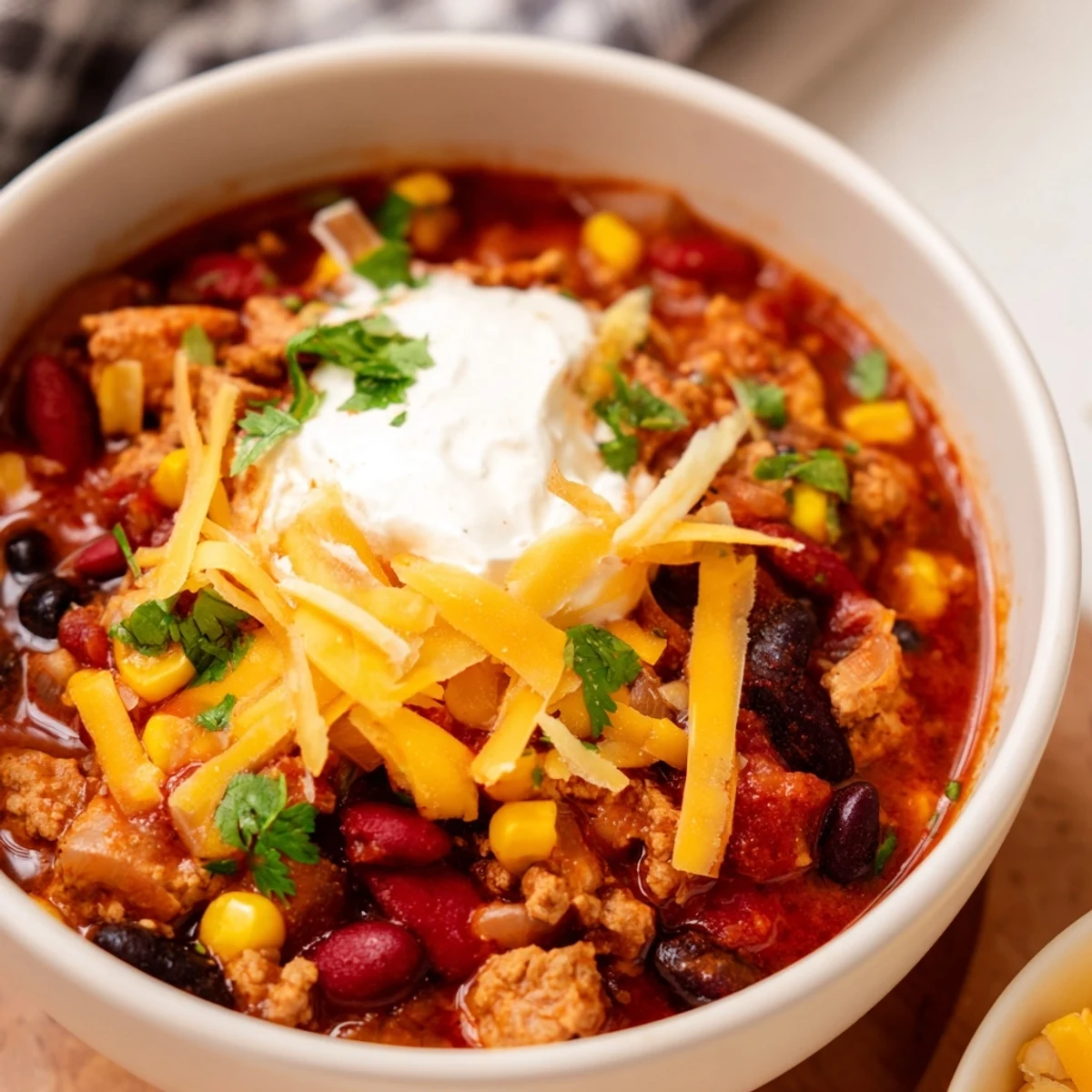 A bowl of hearty Turkey Chili Bowl topped with shredded cheddar and fresh cilantro, steaming in a rustic bowl.