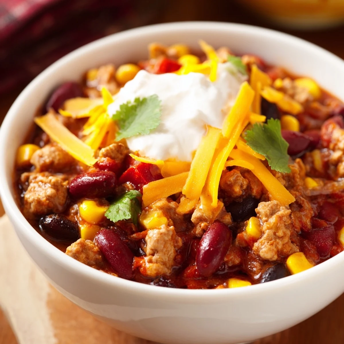 Close-up of Turkey Chili Bowl in a white bowl, garnished with sour cream and green onions, served with lime wedges.