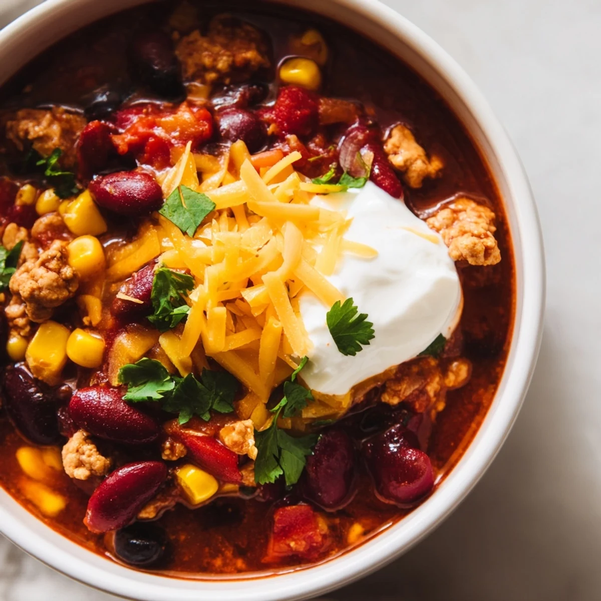 Turkey Chili Bowl simmering in a Dutch oven with beans and corn, surrounded by fresh ingredients like onion and peppers.
