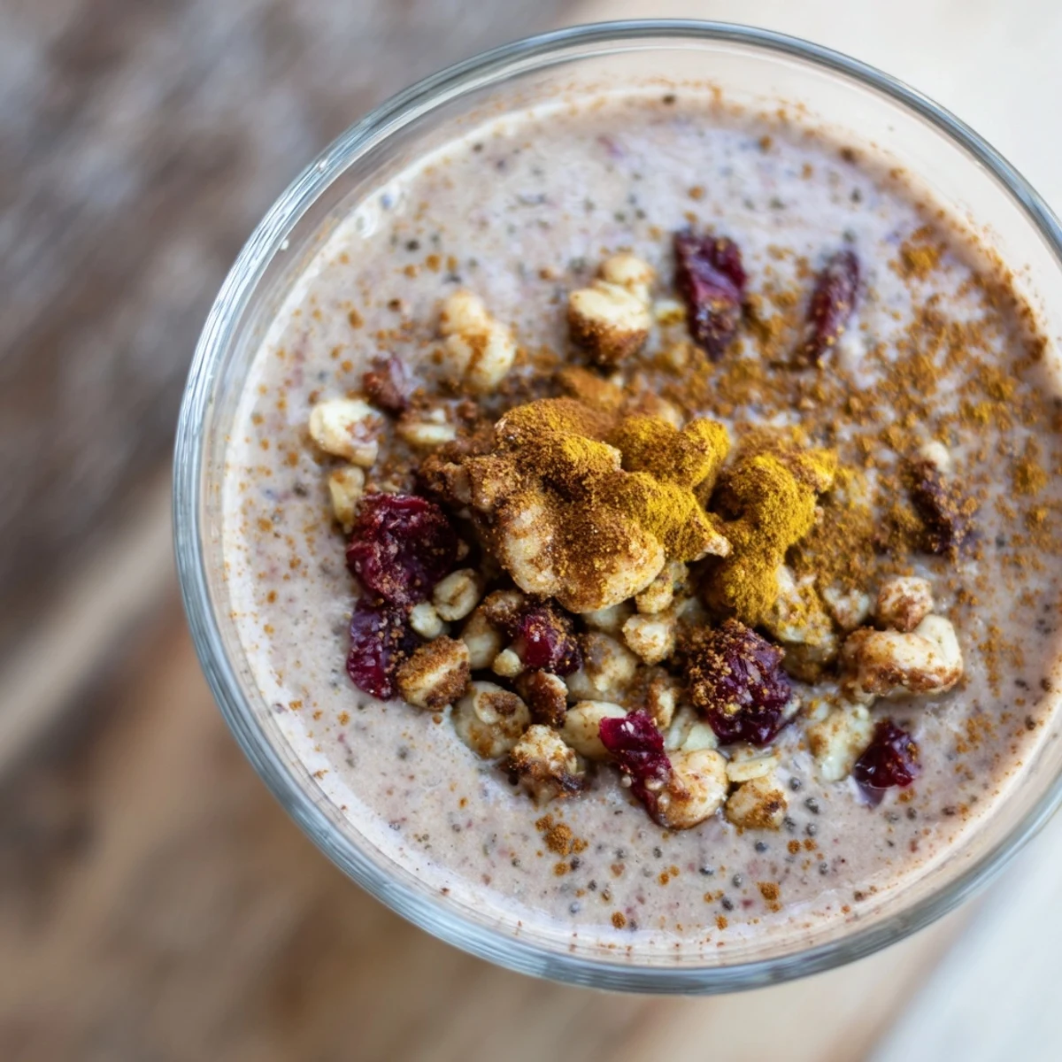 Thick and creamy Winter Smoothie Blend poured into a mason jar, showing a swirl of orange juice and almond milk.