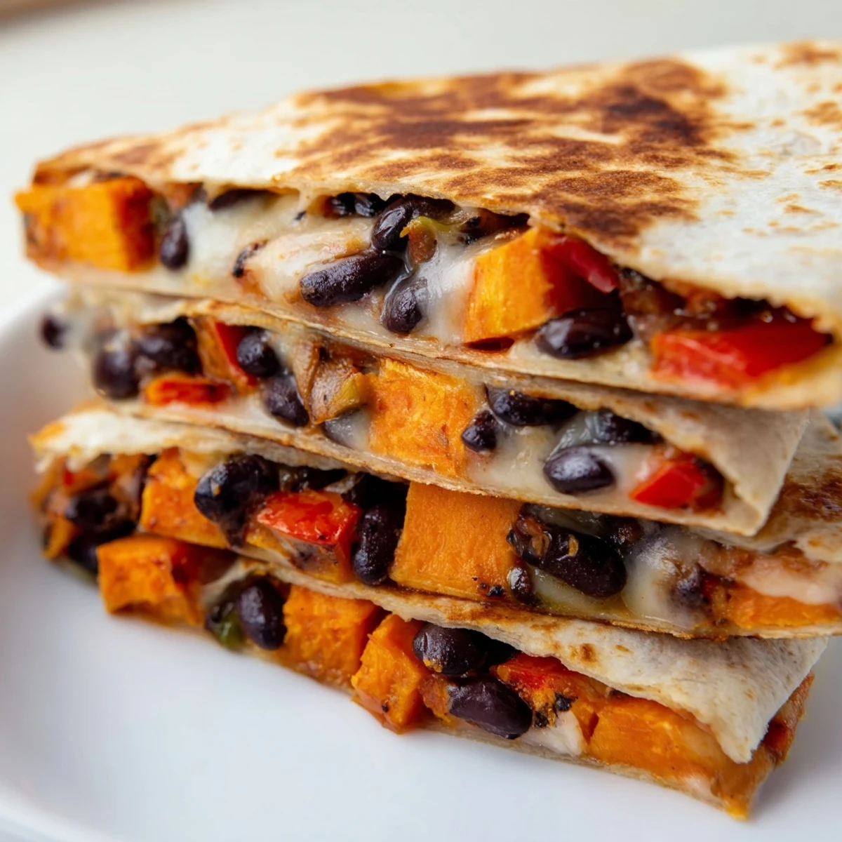 Freshly roasted sweet potatoes and hearty black beans nestled inside a golden, crispy flour tortilla, melted cheese visible.