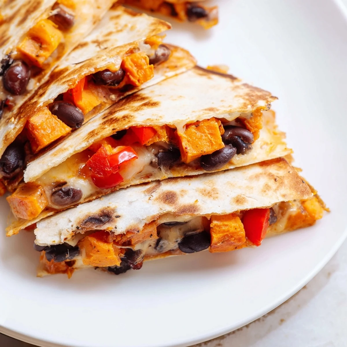 Roasted Sweet Potato and Black Bean Quesadillas garnished with cilantro, showcasing a vibrant filling of sweet potatoes and peppers.