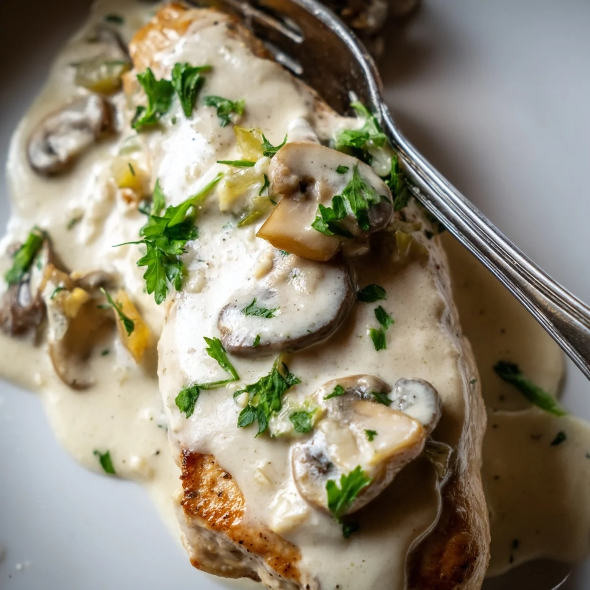 Golden seared chicken breasts coated in a creamy garlic mushroom sauce in a skillet.