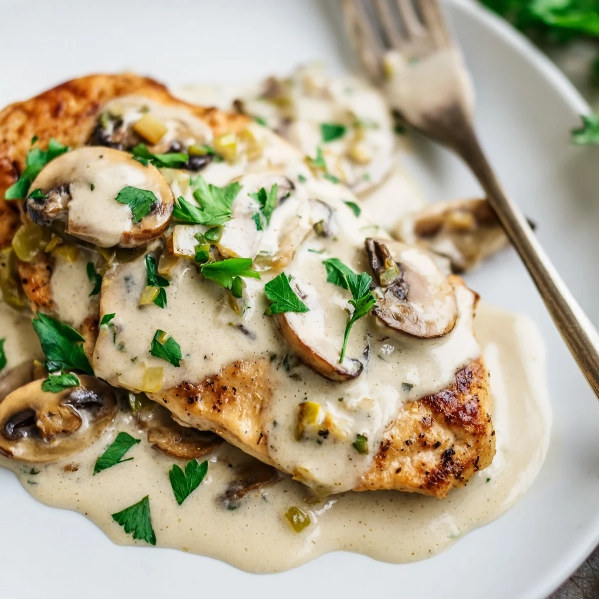Tender chicken breasts simmered in rich creamy garlic mushroom sauce on a dinner plate.