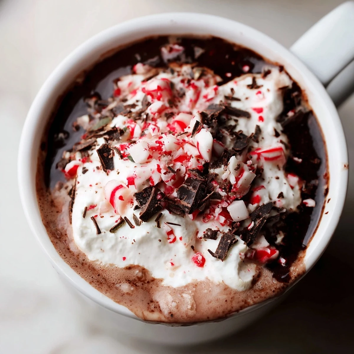 Steaming peppermint mocha hot chocolate topped with whipped cream and crushed candy canes in a cozy mug.