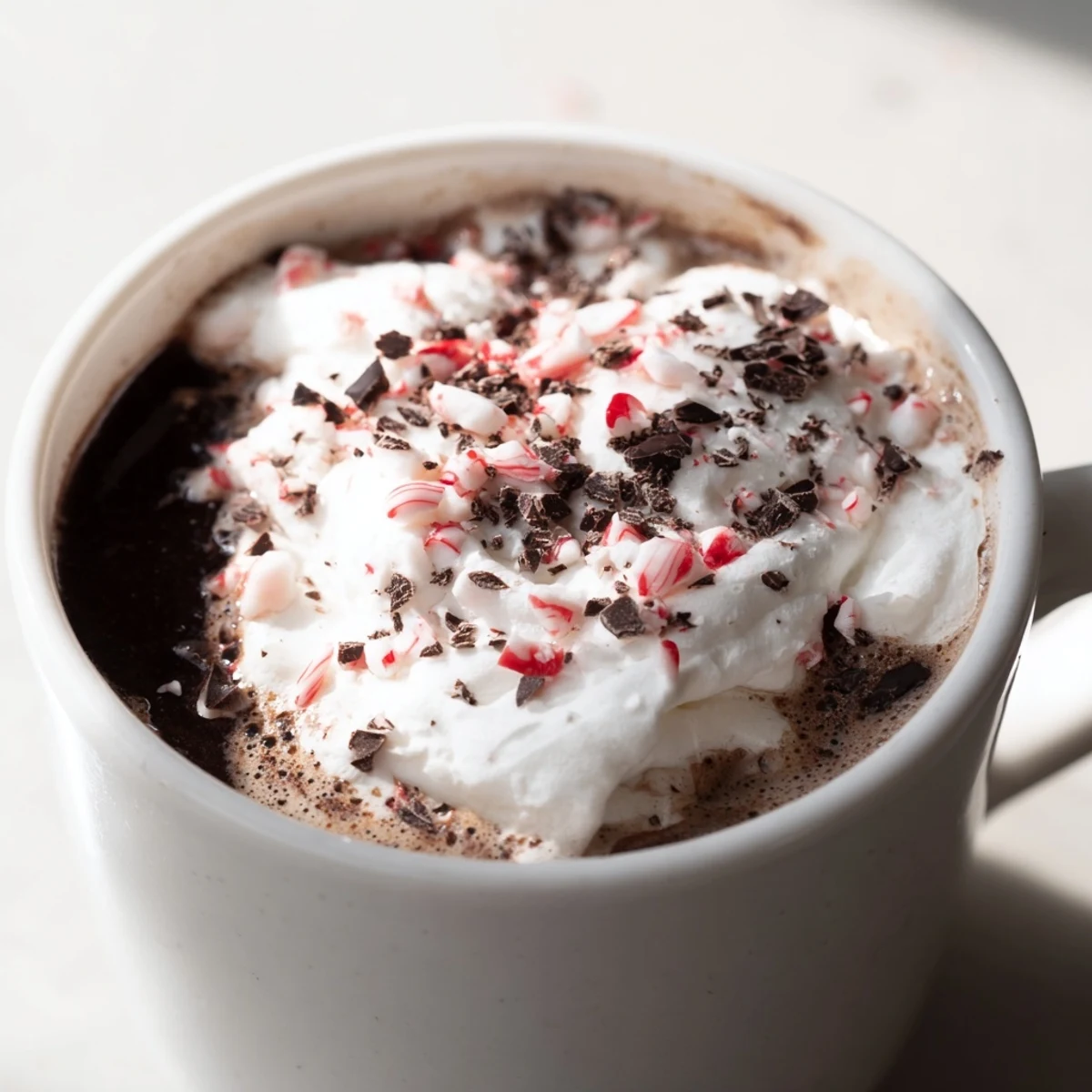 Homemade peppermint mocha hot chocolate swirled with espresso in a clear glass mug, ready to enjoy.