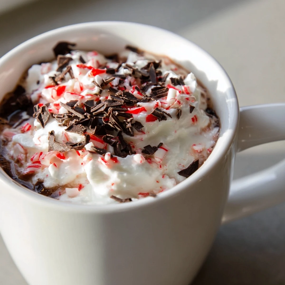 Rich peppermint mocha hot chocolate with chocolate shavings beside holiday candy canes on a rustic table.