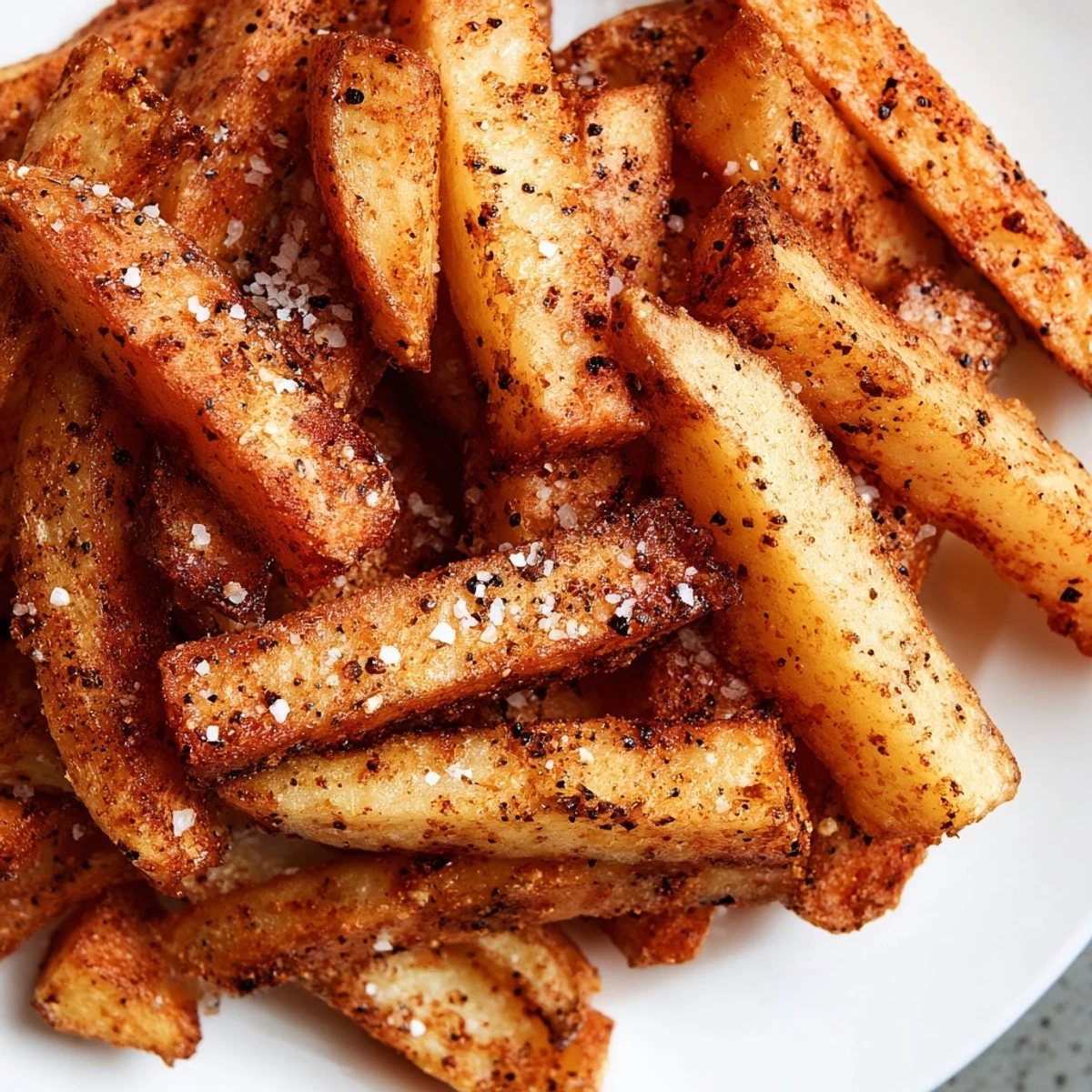 Crispy Oven Baked Fries with Sea Salt arranged on a baking sheet, showcasing golden brown edges and a savory dusting of salt.