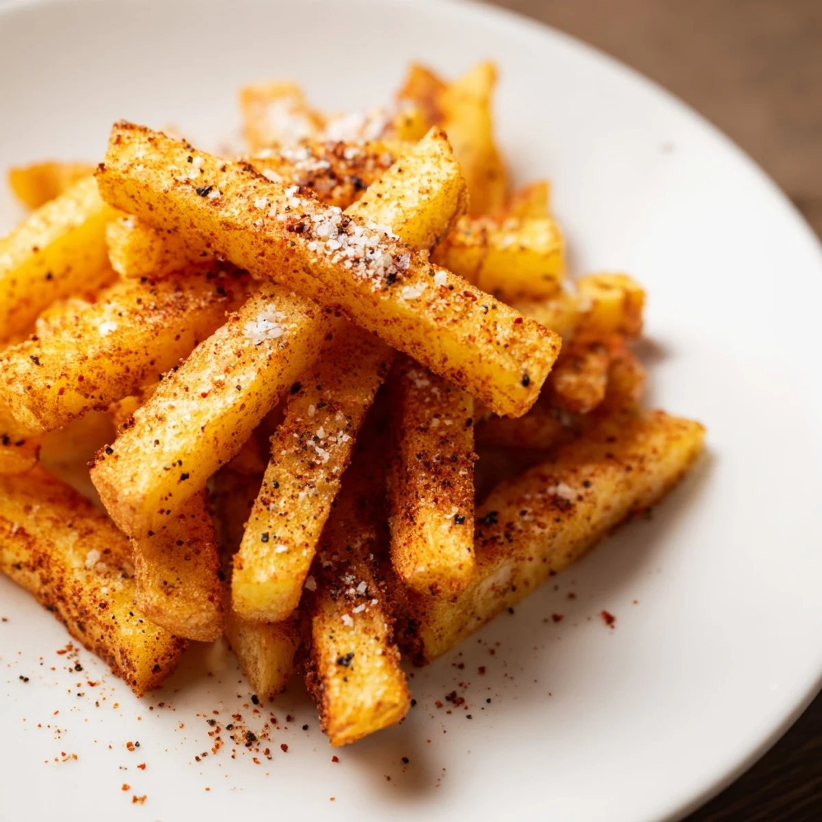 Golden Crispy Oven Baked Fries with Sea Salt served in a rustic bowl alongside ketchup and creamy aioli dipping sauces.
