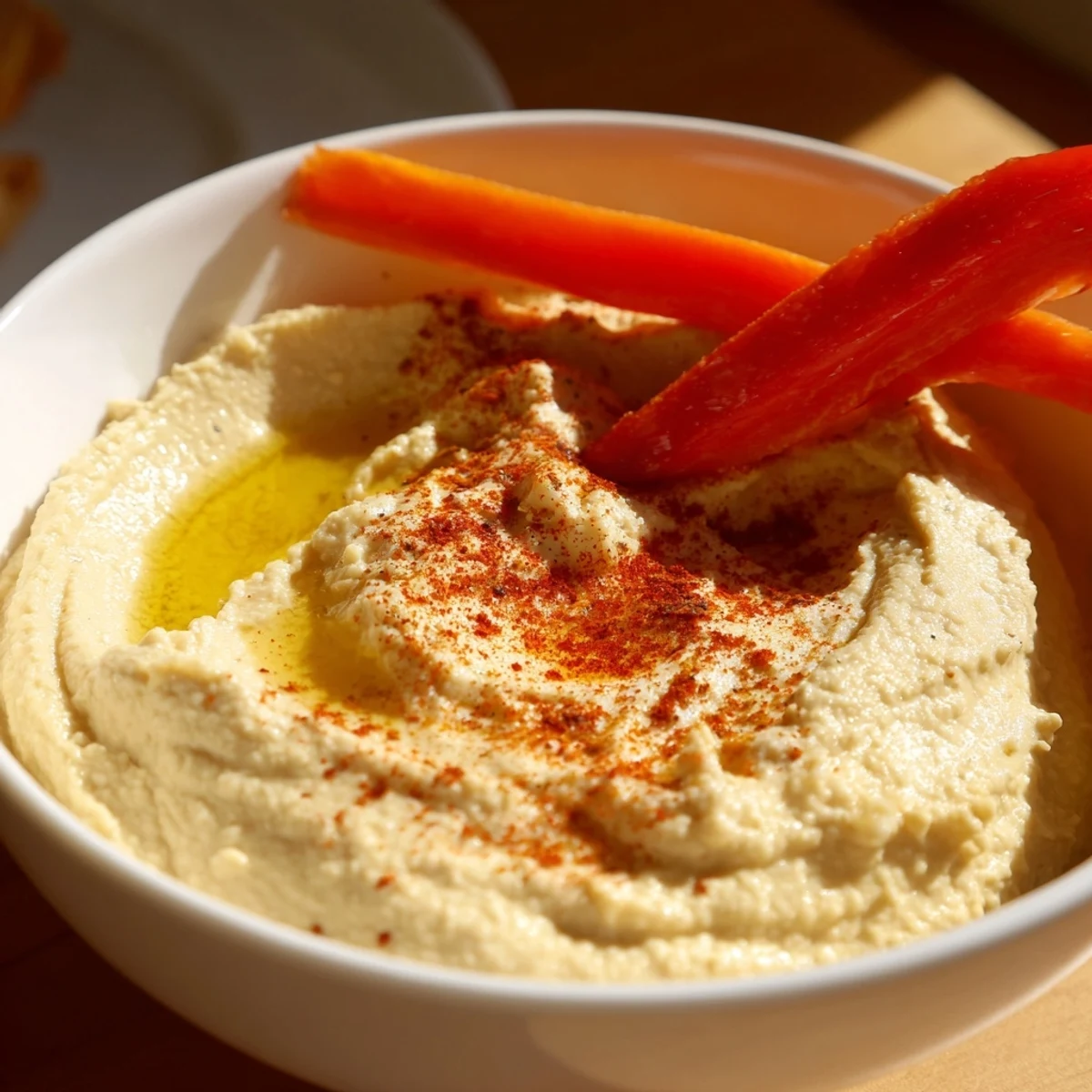 A bowl of creamy Classic Hummus drizzled with olive oil, surrounded by colorful vegetable sticks.