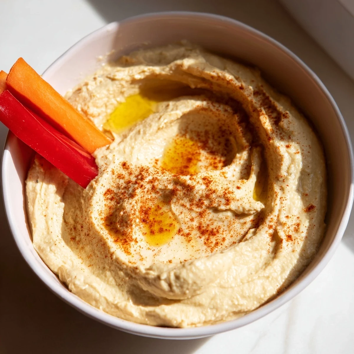 Freshly made Classic Hummus with vegetable sticks, including carrots, celery, and bell peppers, for a healthy snack.