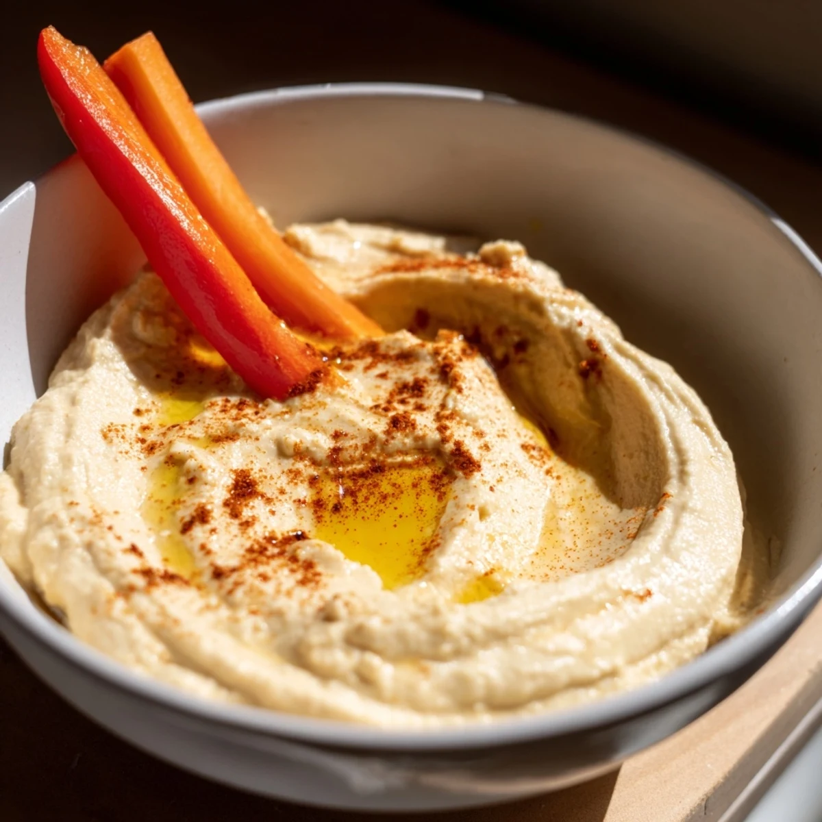 Classic Hummus served as a dip with crunchy carrots, cucumbers, and bell peppers on a platter.