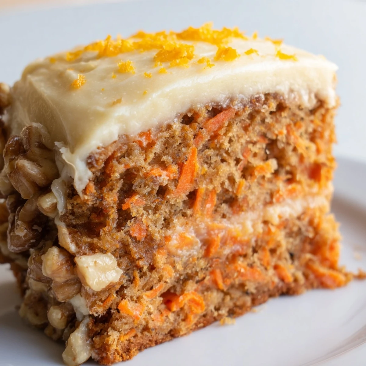 Spiced Carrot Cake with Orange Frosting is layered with creamy citrus icing on a rustic wooden table.