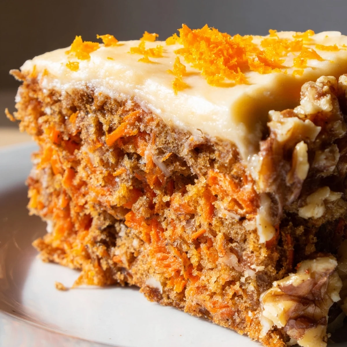Freshly baked Spiced Carrot Cake with Orange Frosting shows tender crumb, chopped nuts, and vibrant orange zest.