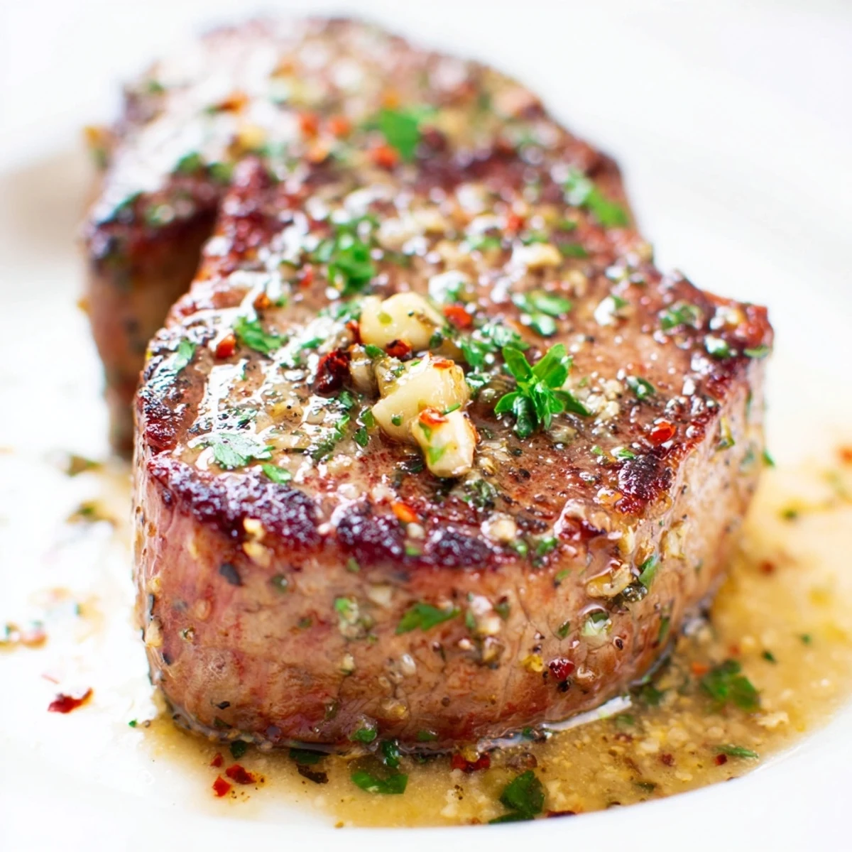 Garlic Butter Steak Cubes glisten in a skillet with fresh parsley and minced garlic.