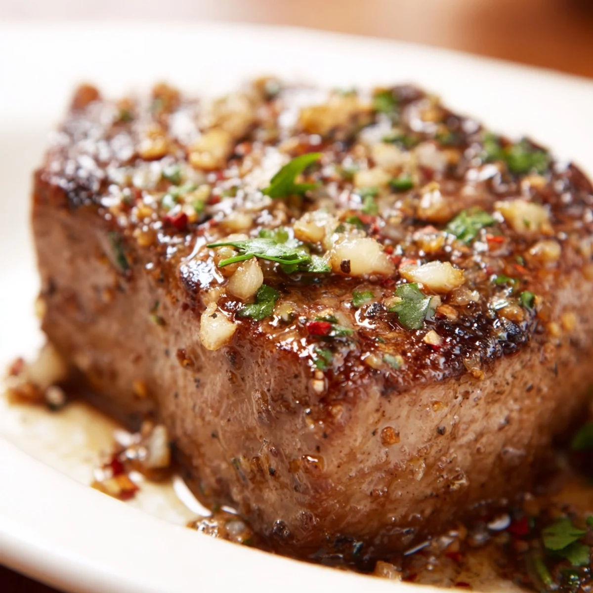 Close-up of golden-brown Garlic Butter Steak Cubes drizzled in rich, melted butter sauce.