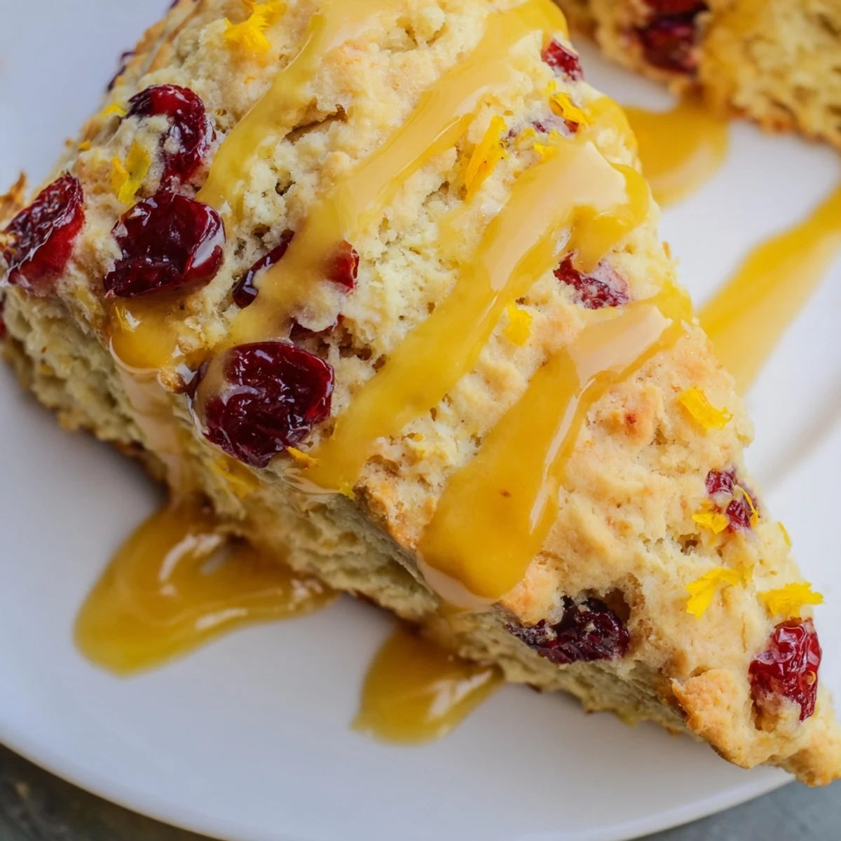 Freshly baked Cranberry and Orange Scones with a golden crust and bright orange glaze, served warm on a rustic plate.