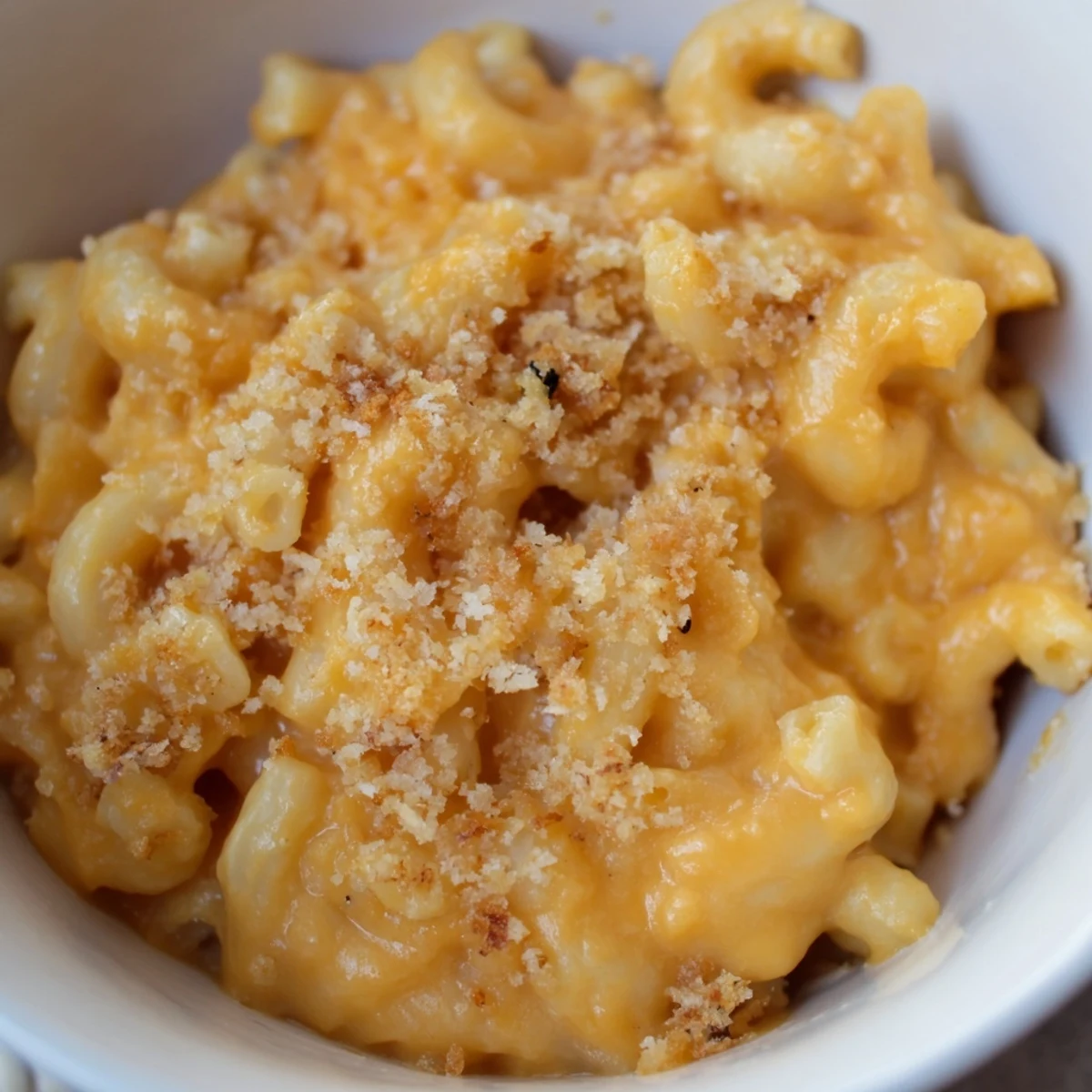 Golden-brown baked Butternut Squash Macaroni Cheese bubbling in a ceramic dish with a crispy panko topping.