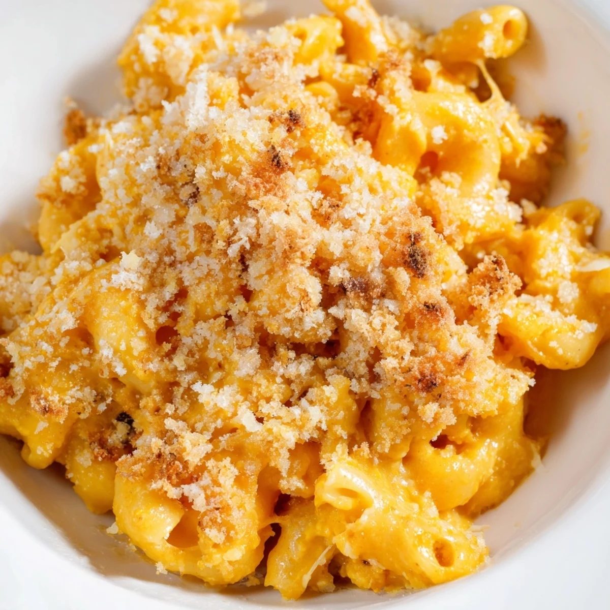 Creamy, velvety Butternut Squash Macaroni Cheese in a white bowl, garnished with fresh parsley and extra Parmesan.