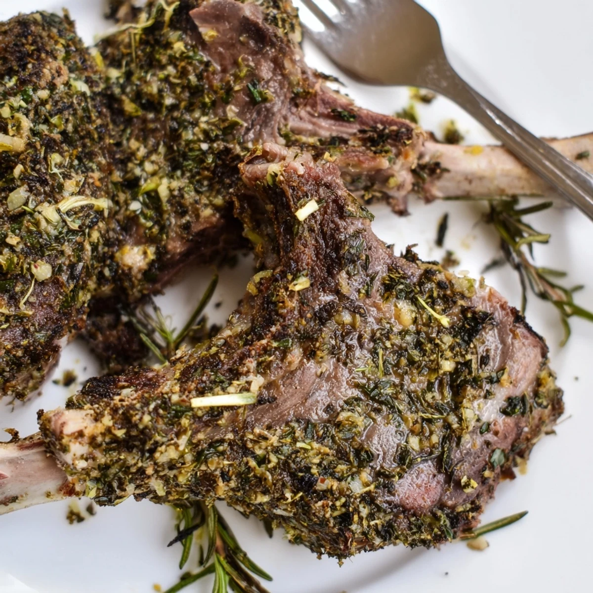 Tender herb roasted lamb chops are plated with mashed potatoes and a sprig of thyme.
