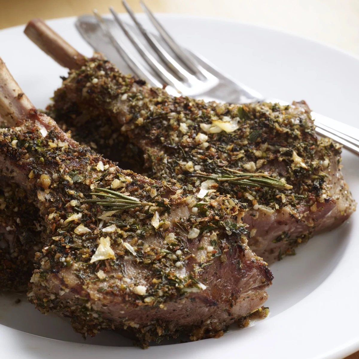 Golden herb roasted lamb chops sizzle on a baking sheet with roasted vegetables nearby.