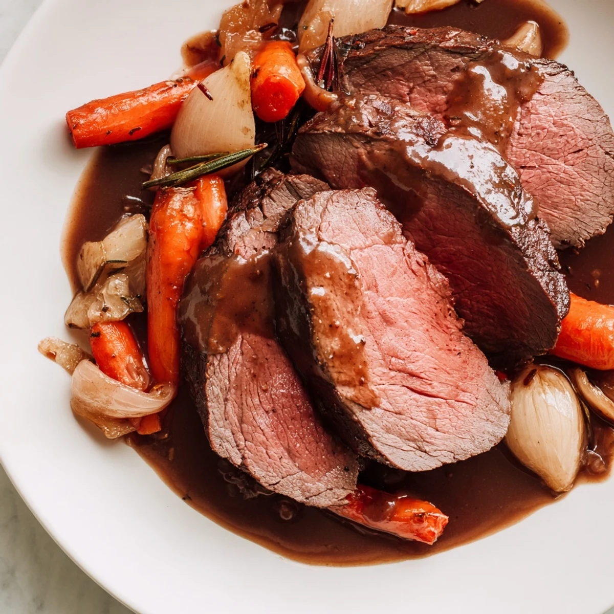 Tender slices of Roasted Beef with Gravy, paired with roasted carrots and onions, ideal for a hearty Sunday dinner.