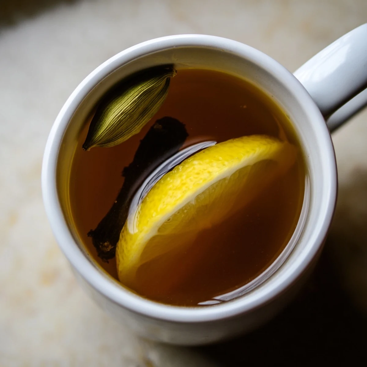 Steaming cups of Spiced Tea with Lemon glow warmly beside whole cinnamon sticks and fresh lemon slices. 