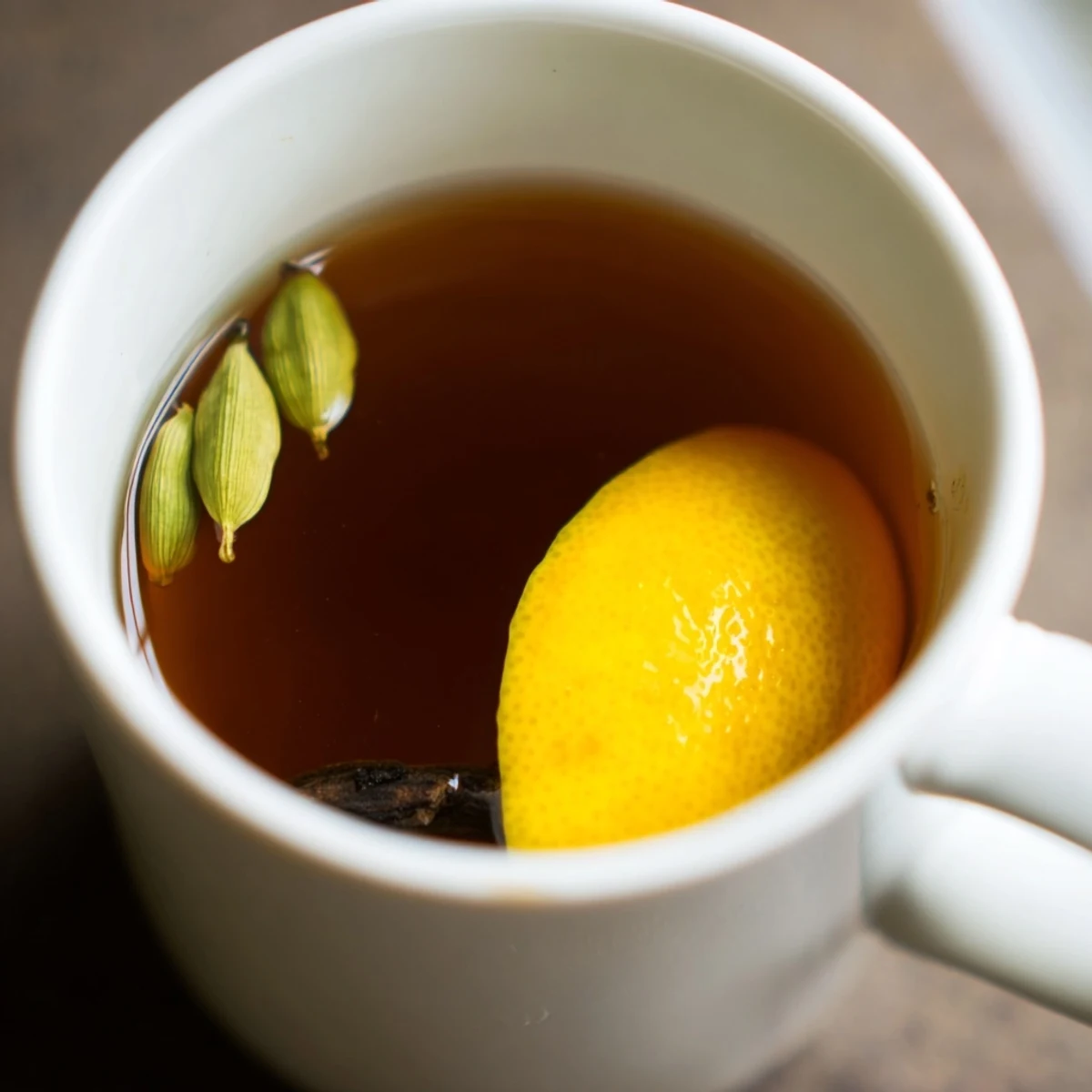 A freshly poured mug of Spiced Tea with Lemon garnished with lemon slices and fragrant spices. 