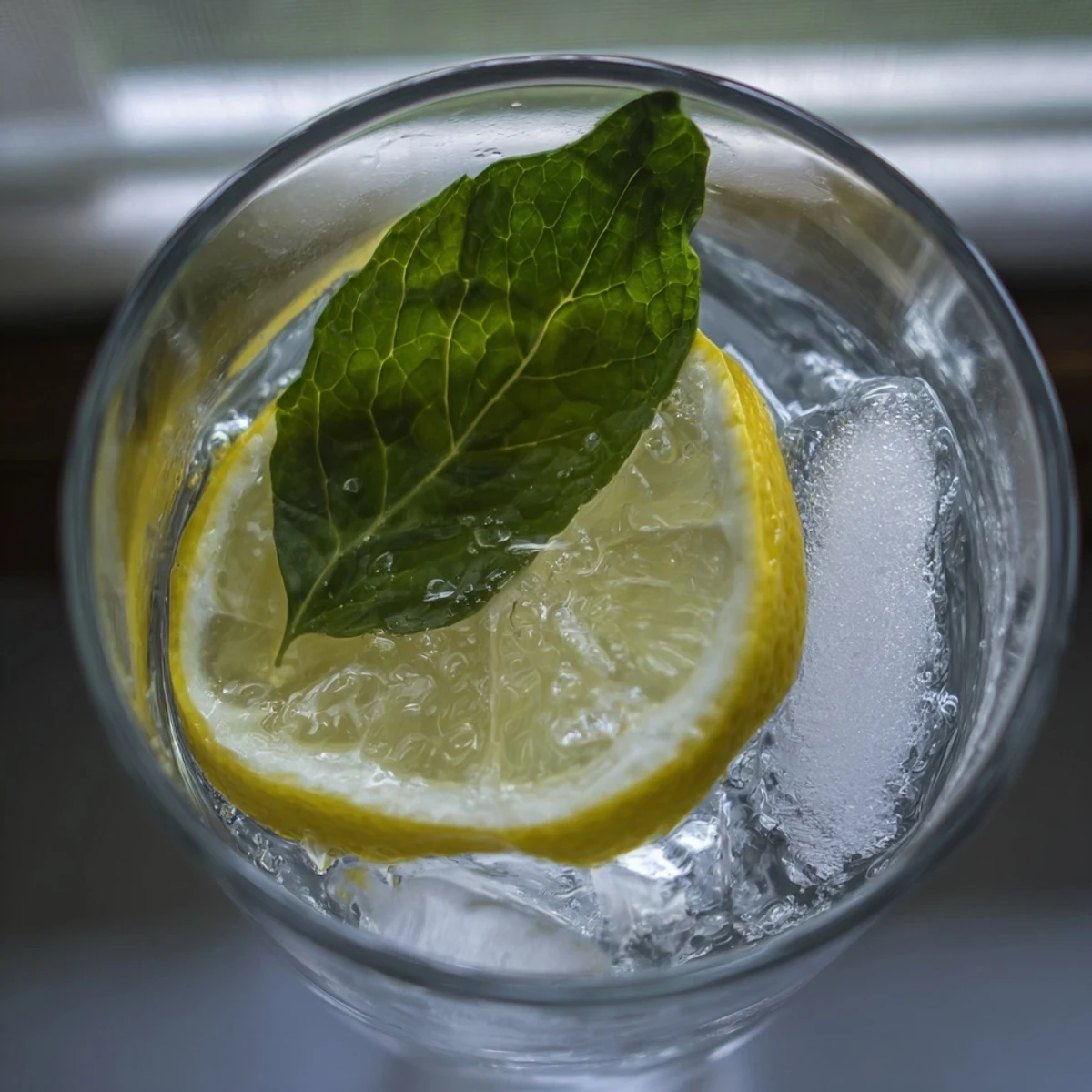 Chilled lemon water with ice cubes in a clear glass for hydration.