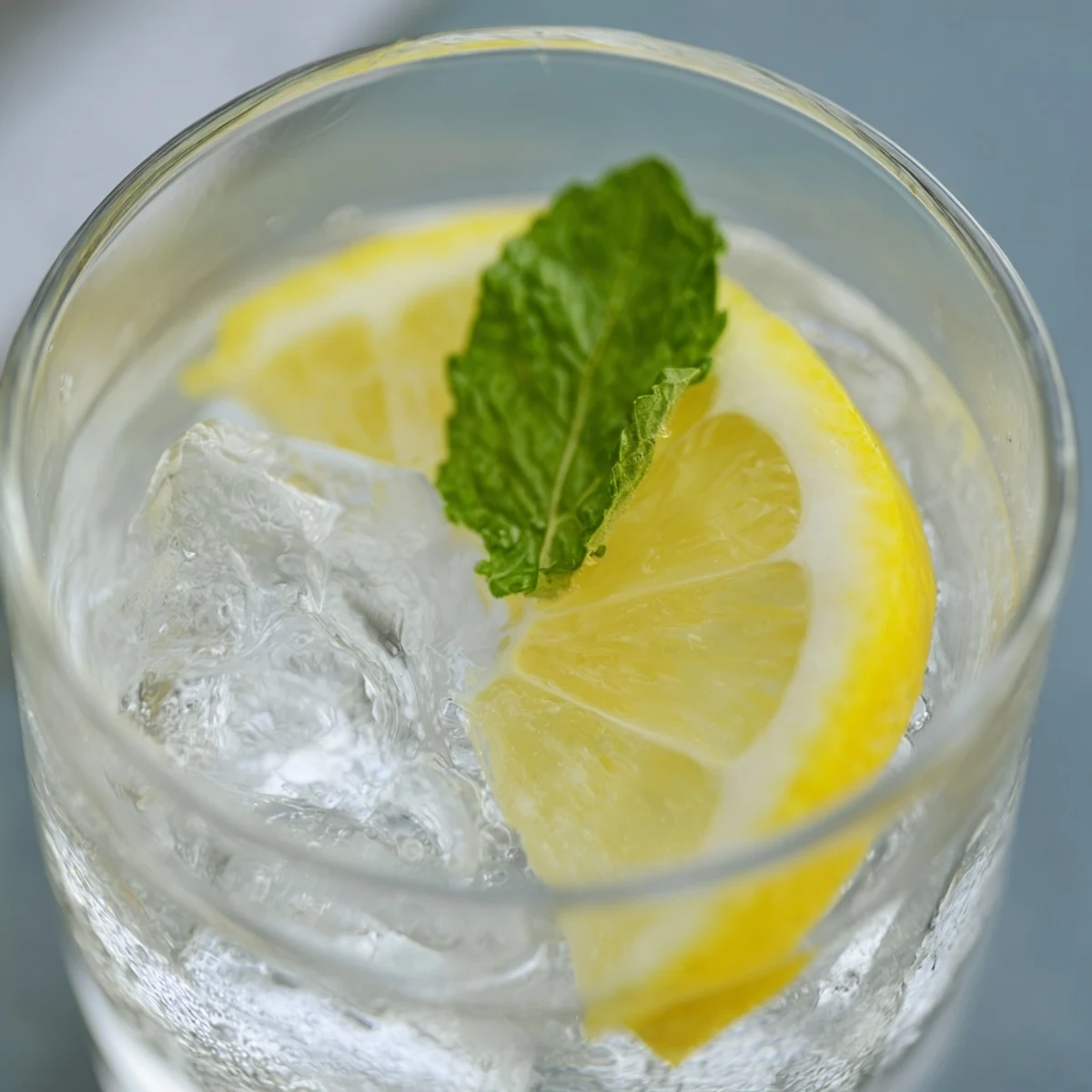 Vibrant lemon slices floating in icy water with fresh mint garnish.