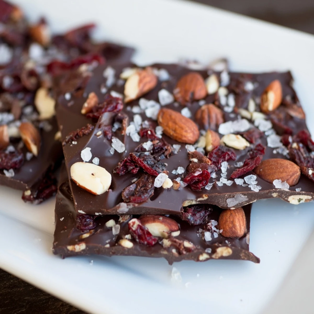 Freshly cut pieces of homemade Chocolate Bar with Nuts showcasing glossy dark chocolate and chunky roasted almonds and hazelnuts.
