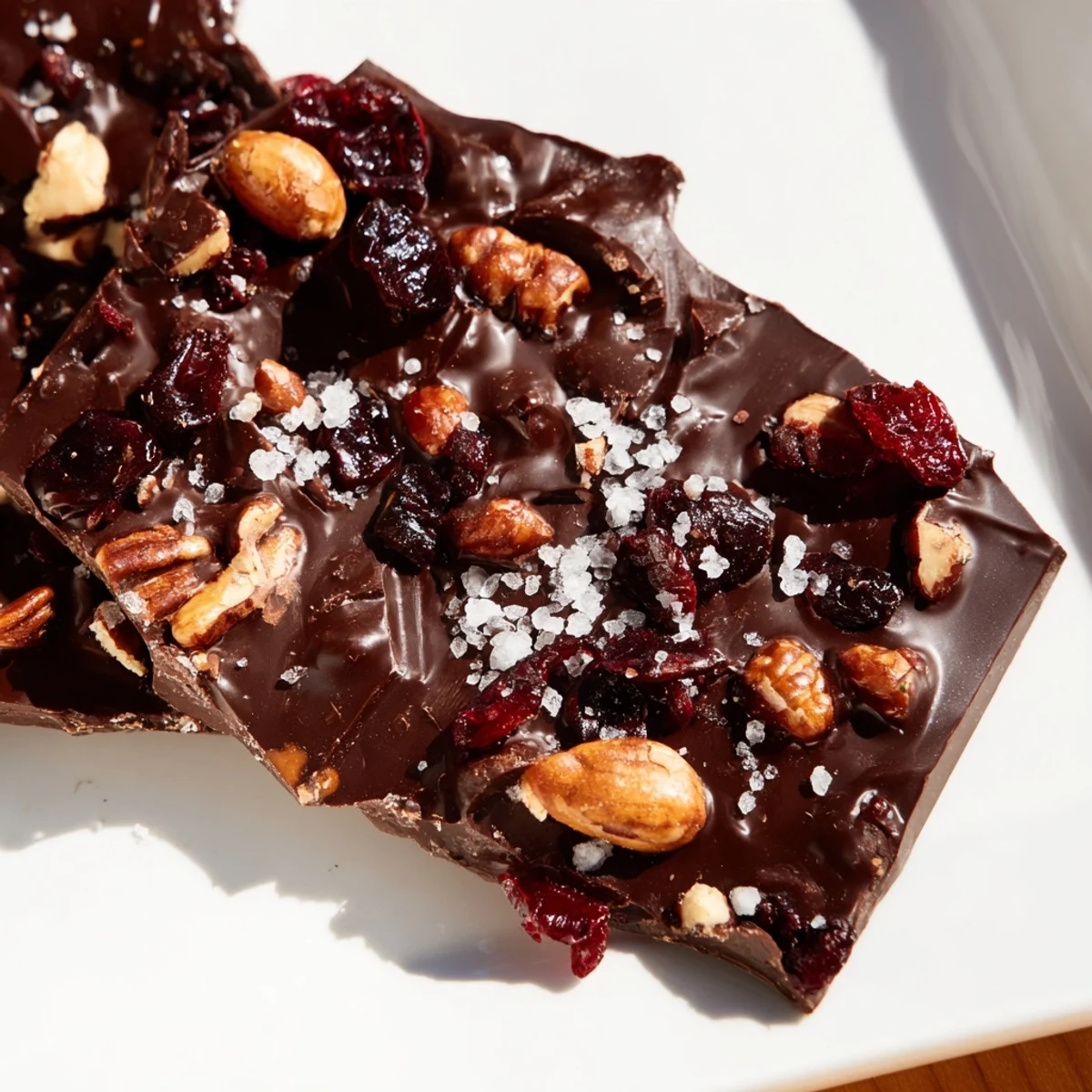 A hand holding a broken piece of rich Chocolate Bar with Nuts, revealing the crunchy texture and flaky sea salt topping.