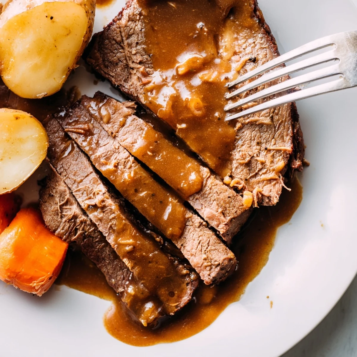 Family-style Slow Cooker Pot Roast with Gravy plated alongside roasted carrots and potatoes for Sunday dinner.