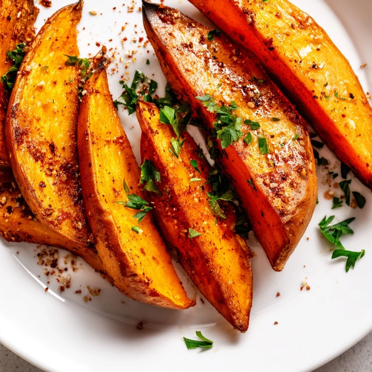 A close-up of smoky roasted sweet potato wedges with paprika, served on a platter for an easy vegan side dish or snack.