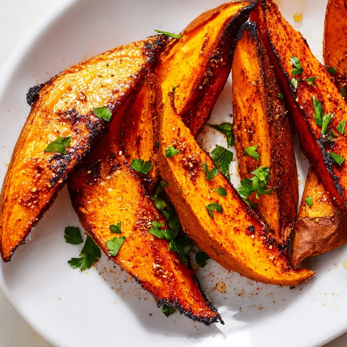Golden roasted sweet potato wedges with paprika are crisp on the edges and tender inside, garnished with fresh parsley and lemon wedges.