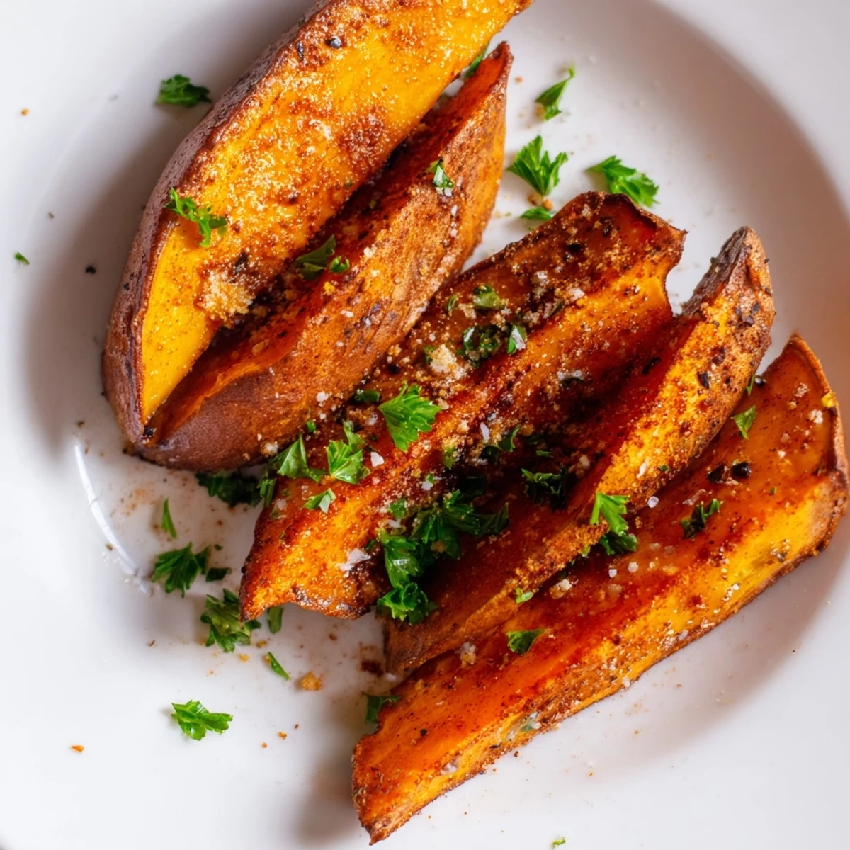 These roasted sweet potato wedges with paprika feature golden-brown edges and soft centers, perfect for dipping in garlic aioli on a dinner plate.