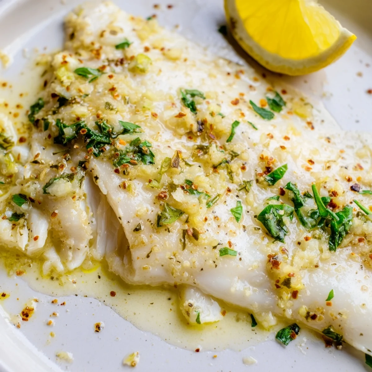 Golden-baked tilapia fillets drizzled with lemon garlic butter, garnished with fresh parsley and lemon slices, served alongside steamed green beans.
