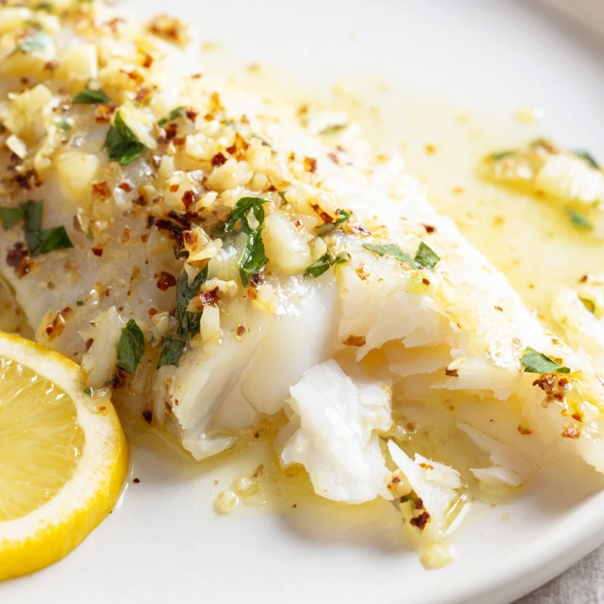 Close-up of tender flaky Baked Tilapia with Lemon Garlic Butter, showcasing a zesty, bubbling butter sauce and bright lemon zest garnish.
