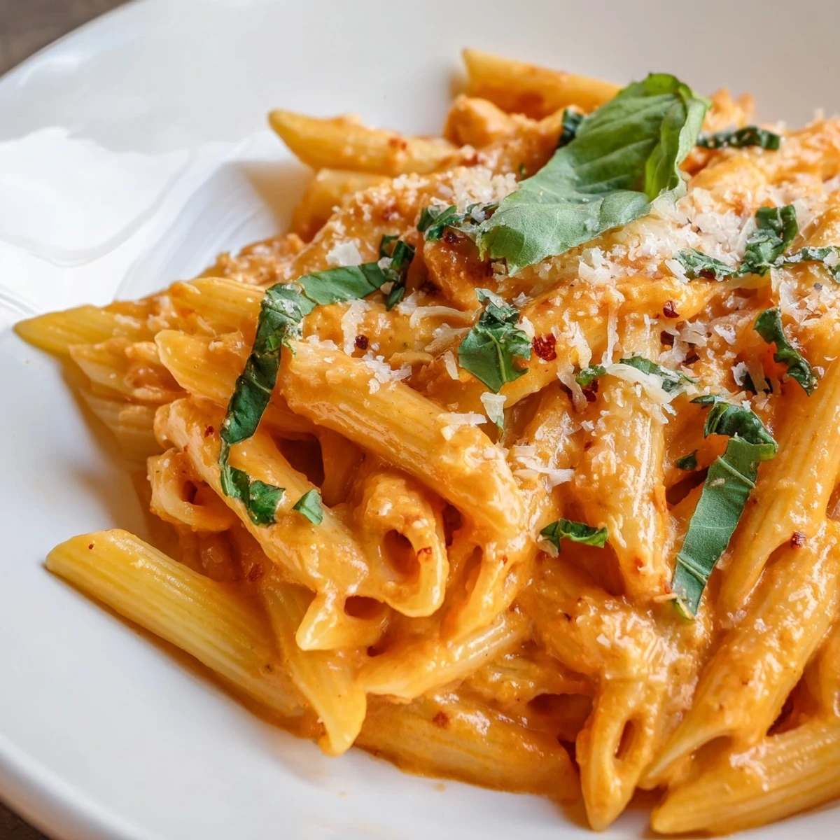Creamy Tomato Pasta with Fresh Basil plated in a skillet, with bubbling tomato cream sauce and aromatic basil leaves.