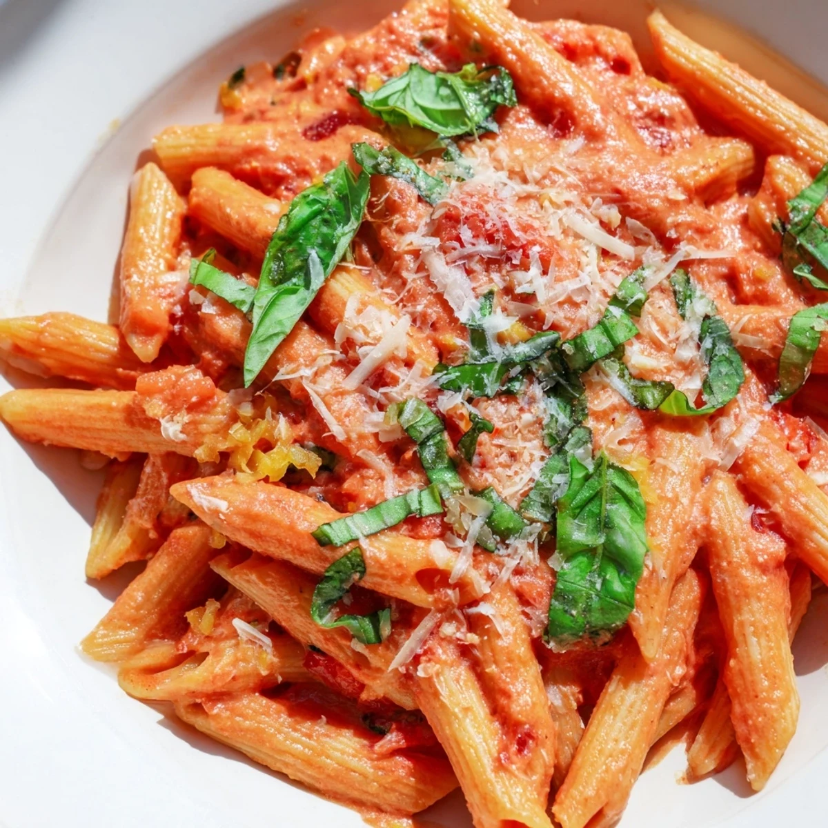 A close-up of Creamy Tomato Pasta with Fresh Basil, topped with melted Parmesan and fresh basil on a dinner plate.