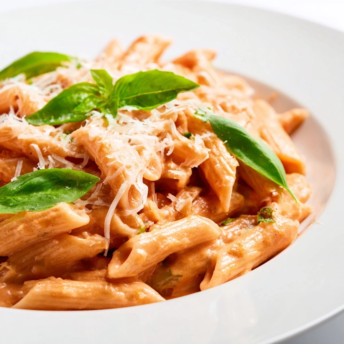 Serving Creamy Tomato Pasta with Fresh Basil alongside a glass of white wine, on a rustic wooden table.