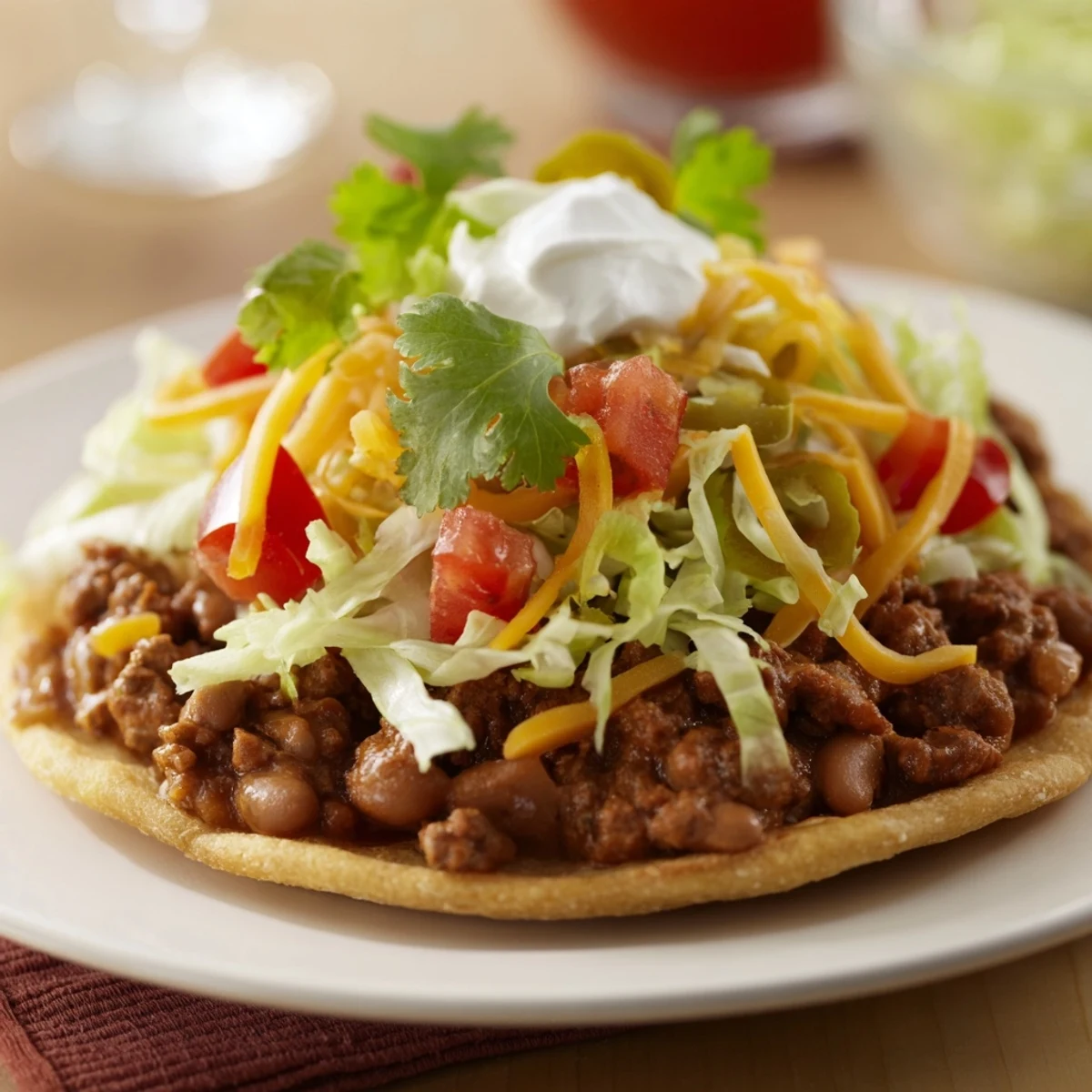 Crispy tostada shells stacked high with savory seasoned ground beef and creamy refried beans.