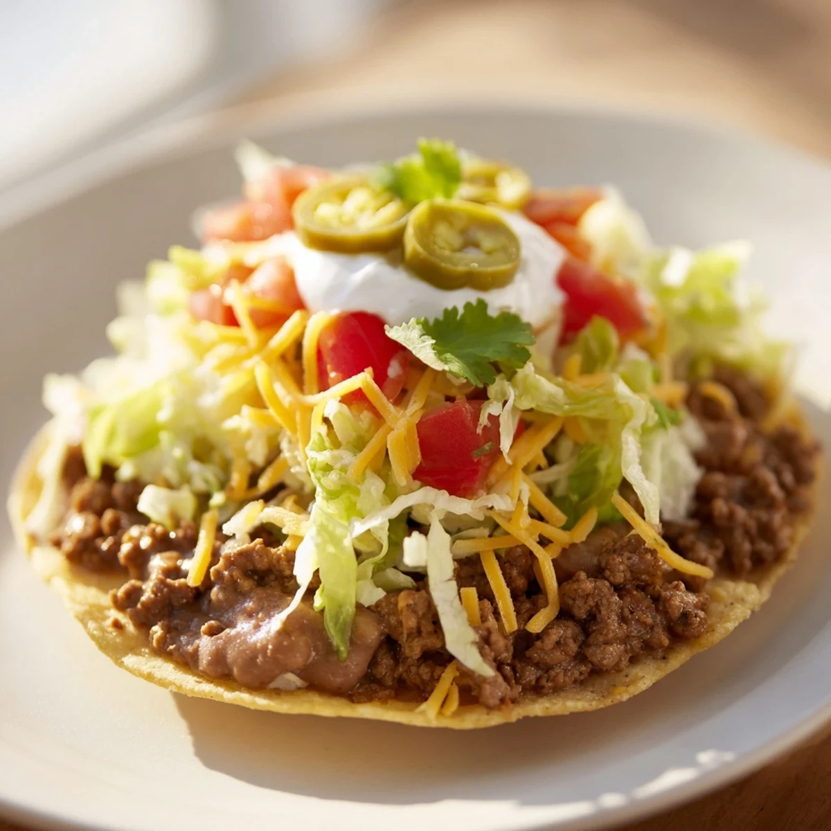 Fresh lettuce, tomatoes, and cheese top these Beef Tostadas with Refried Beans.