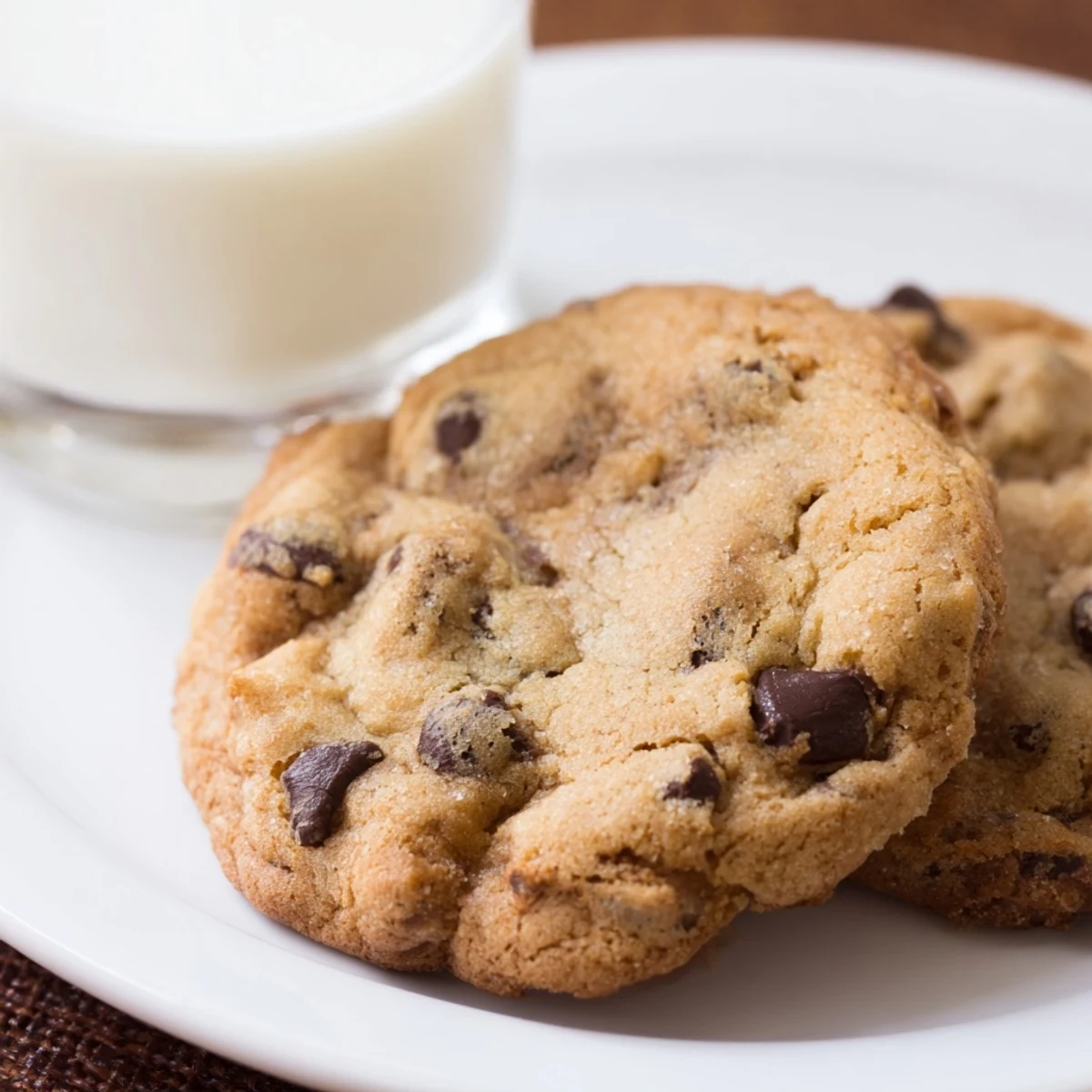 Golden-brown Chocolate Chip Cookies with Milk are arranged on a wire rack, their centers still soft and dotted with melted chocolate chips.