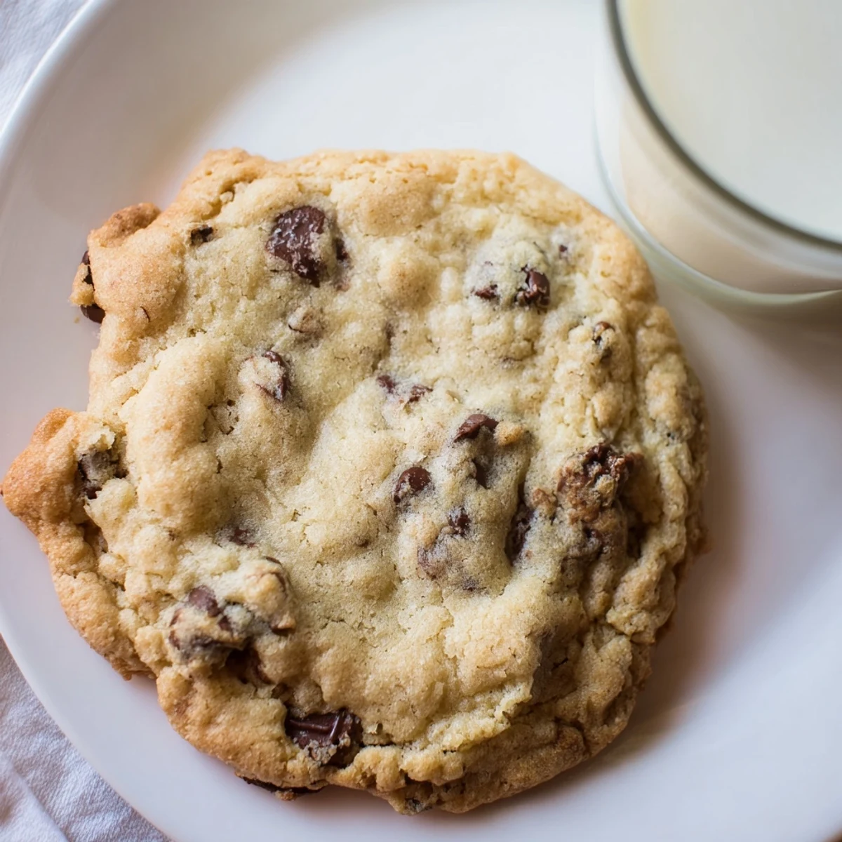 A glass of cold milk stands ready beside warm Chocolate Chip Cookies with Milk, perfect for dunking and comforting dessert cravings.