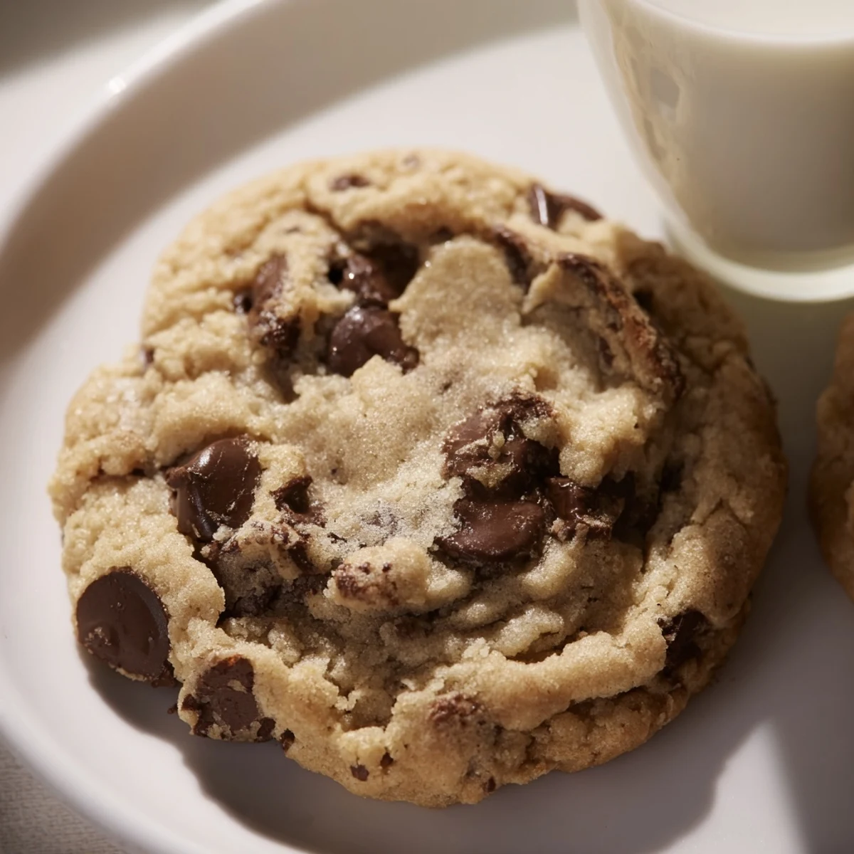 Freshly baked Chocolate Chip Cookies with Milk sit on a rustic wooden table, showcasing chewy edges and generous semi-sweet chocolate chips.