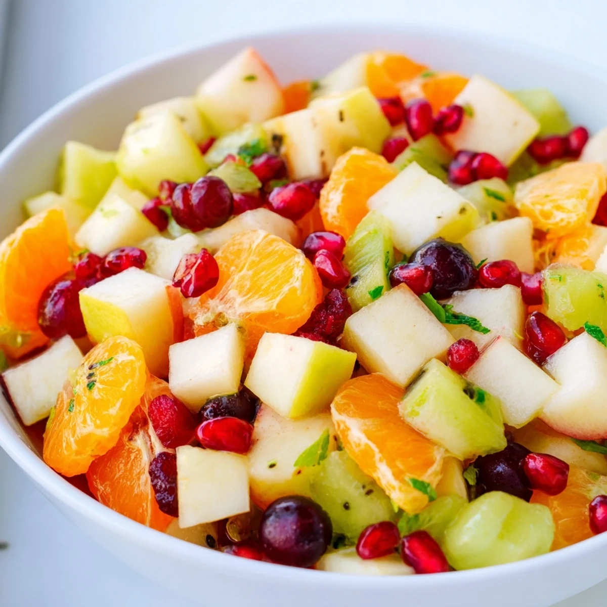 Overhead view of Winter Fruit Salad with Honey Lime Dressing, featuring sliced kiwi, halved grapes, and fresh mint leaves tossed in a bright citrus glaze.