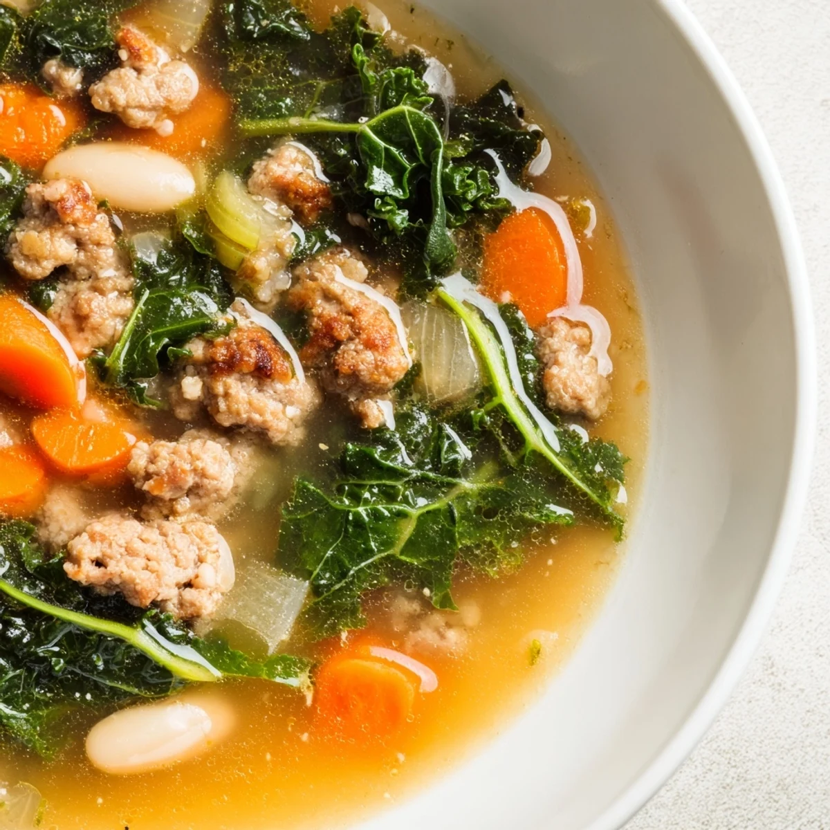 Steaming bowl of Turkey Sausage and Kale Soup served with rustic bread for dipping.