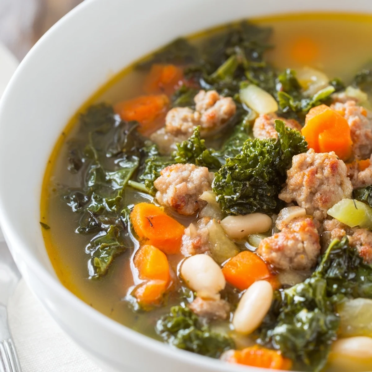 Close-up of Turkey Sausage and Kale Soup highlighting tender kale, carrots, and beans.